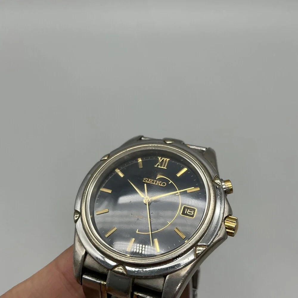 Seiko Kinetic Mens Watch 37mm Black Dial Two Tone Stainless 5M62-0C70 Date 7